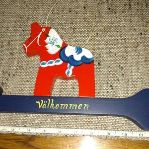 Swedish wooden hanging greeting with Dala horse